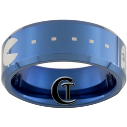 8mm Blue Beveled Tungsten Carbide PAC-MAN Design