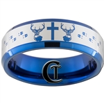 8mm Blue Beveled Tungsten Carbide Deer Cross and Tracks Hunting Design