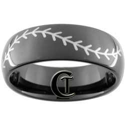 8mm Black Dome Tungsten Carbide Baseball Stitch Design Ring