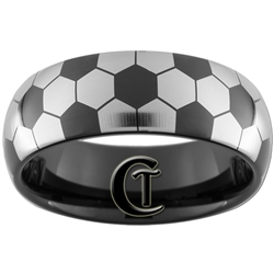 8mm Black Dome Tungsten Carbide Soccer Design Ring