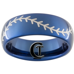 8mm Blue Dome Tungsten Carbide Baseball Stitch Design Ring