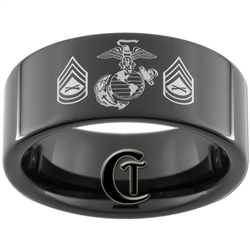 9mm Black Pipe Tungsten Carbide Marines Eagle Globe and Anchor & Gunnery Sergeant Design Ring.