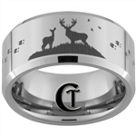 10mm Beveled Tungsten Carbide Buck & Doe With Deer Tracks Hunting Design.