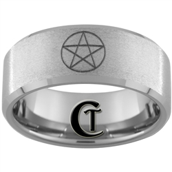 10mm Beveled Tungsten Carbide Stone Finish Wicca Star Design Ring.