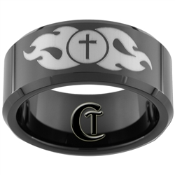 10mm Black Beveled Tungsten Carbide Cross And Fire Design