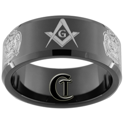 10mm Black Beveled Tungsten Carbide Masonic Design