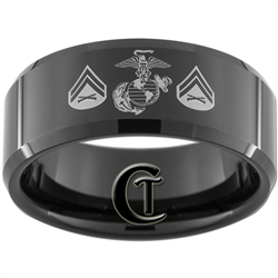 10mm Black Beveled Tungsten Carbide Marines Corporal Design.