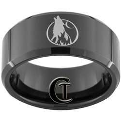 10mm Black Beveled Tungsten Carbide Wolf Howling At The Moon Design