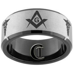 10mm Black Beveled Tungsten Carbide Satin Center Master Mason And Medical Caduceus Design