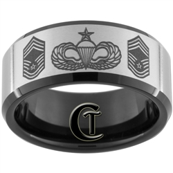 10mm Black Beveled Satin Finish Tungsten Carbide Air Force Airborne Paratrooper Ranks Design.