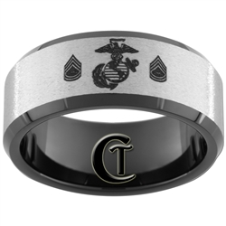 10mm Black Beveled Tungsten Carbide Stone Center Eagle Globe and Anchor Gunnery Sergeant Rank Design Ring.