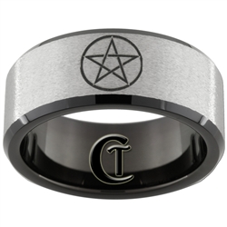 10mm Black Beveled Tungsten Carbide Stone Finish Wicca Star Symbol Design Ring.