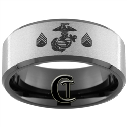 10mm Black Beveled Tungsten Carbide Stone Finished Marines Sergeant Ring Design.