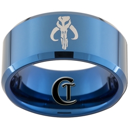 10mm Blue Beveled Tungsten Carbide Mandalorian Mythosaur Skull Laser Design