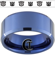 10mm Blue Beveled Tungsten Autobot Decepticon Design Ring.