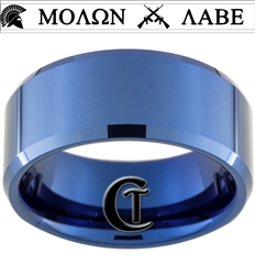 10mm Blue Beveled Tungsten Carbide white lasered Military Molon Labe Design