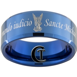 10mm Blue Beveled Tungsten Carbide Religious St. Michael Design Ring.