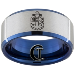 10mm Blue Beveled Satin Finish Tungsten Carbide U.D. NAVY Anchor Design.