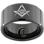 12mm Black Beveled Tungsten Carbide Masonic Square and Compass All Seeing Eye Design