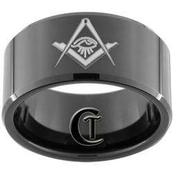 12mm Black Beveled Tungsten Carbide Masonic Square and Compass All Seeing Eye Design