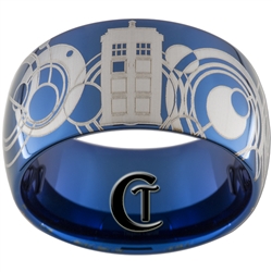 12mm Blue Dome Tungsten Carbide Doctor Who Tardis & Gallifreyan Design