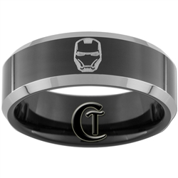 8mm Black Beveled Two-Toned Polished Tungsten Iron Man Designed Ring
