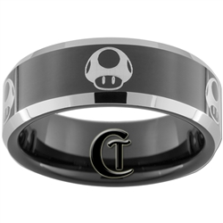 8mm Black Beveled Two-Toned Tungsten Carbide Mario Mushrooms Design Ring.