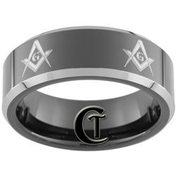 **Clearance** 8mm Black Beveled Two-Toned Tungsten Carbide Masonic Design - Sizes 6 1/2, 12 1/2