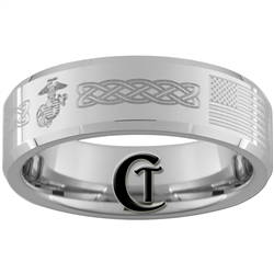 8mm Beveled White Tungsten Carbide Marines American Flag Masonic Claddagh Design Ring.