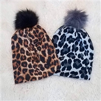 Leopard Beanie with Fur Pom Pom