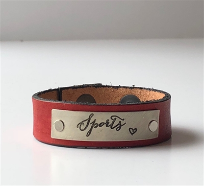 Sports -- Adjustable Leather Snap cuff with Engraved Metal Plate