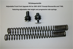 TEC Adjustable Front Fork Upgrade Kit for 2001-2015 Triumph Bonneville and T100, featuring adjustable ride height and progressive rate springs.