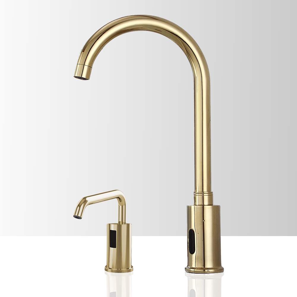 Fontana St. Gallen Gooseneck Gold Motion Sensor Faucet & Automatic Liquid Soap Dispenser for Restrooms