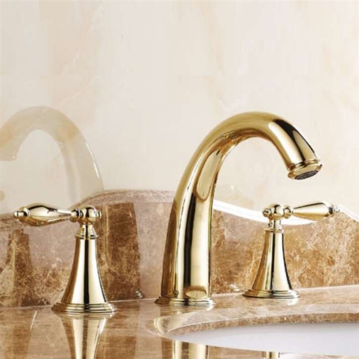 Mina Gold Finish Widespread 3 Holes Double Knobs Bath Sink Faucet