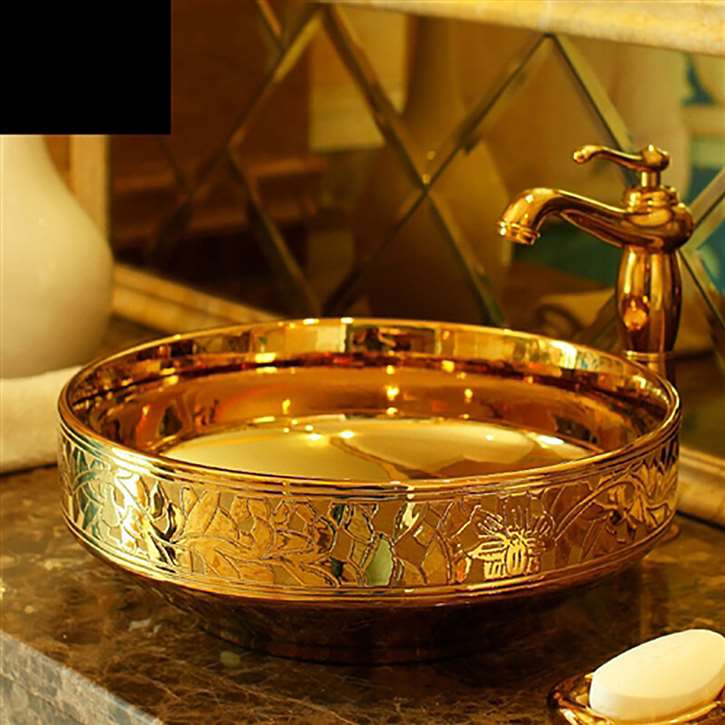 Lenox Golden Engraved Artistic Porcelain Countertop and Semi Counter Sink Washsink Ceramic Bathroom Sink