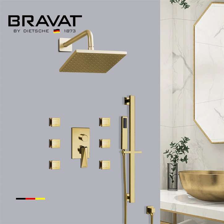 Bravat Square Shower Set With Valve Mixer 3-Way Concealed Wall Mounted In Brushed Gold