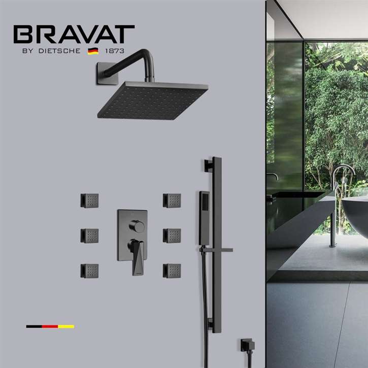 Bravat Square Shower Set With Valve Mixer 3-Way Concealed Wall Mounted In Matte Black