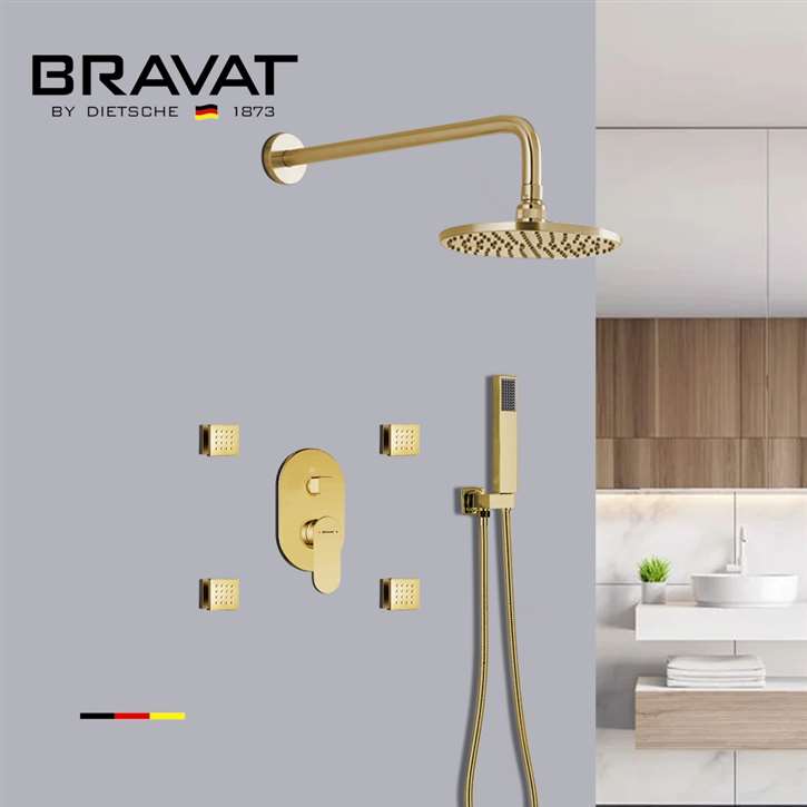 Bravat Shower Set With Valve Mixer 3-Way Concealed Wall Mounted In Brushed Gold