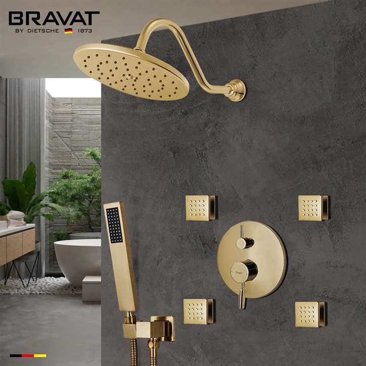 Bravat Shower Set With Valve Mixer 3-Way Concealed Wall Mounted In Brushed Gold