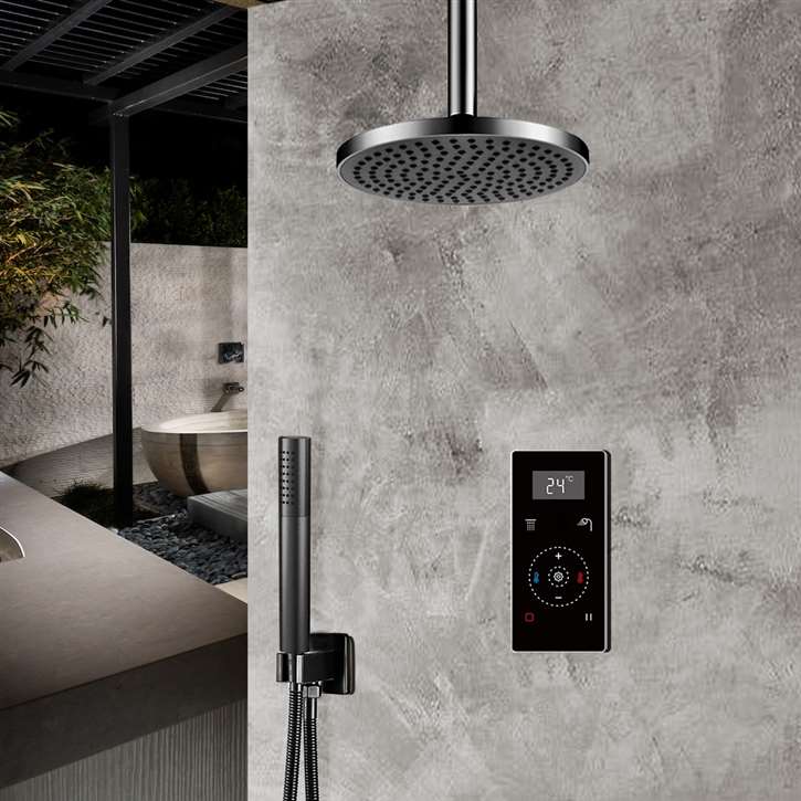 Fontana Matte Black Round Automatic Thermostatic Shower With Black Digital Touch Screen Shower Mixer Display 2 Function Rainfall Shower Set With Handheld Shower