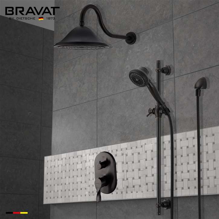 Bravat Wall Mounted Round Shower Set With Valve Mixer 3-Way Concealed In Matte Black