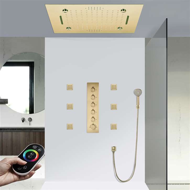 Monza 20" Remote Controlled Thermostatic Recessed Ceiling Mount LED Rainfall Waterfall Mist Shower System with Handheld Shower and Jetted Body Sprays