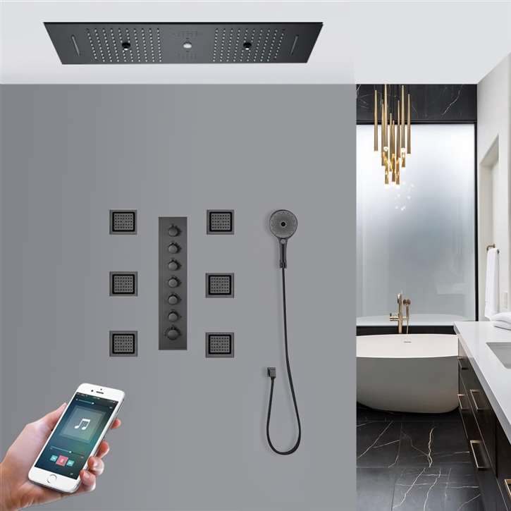 Modena Matte Black Phone Controlled Thermostatic LED Recessed Ceiling Mount Musical Rainfall Luxurious Shower System with Hand Shower and 6 Jetted Body Sprays