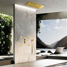 Novara Brushed Gold Thermostatic Recessed Ceiling Mount LED Waterfall Mist Rainfall Shower System with Jetted Body Sprays and Hand Shower