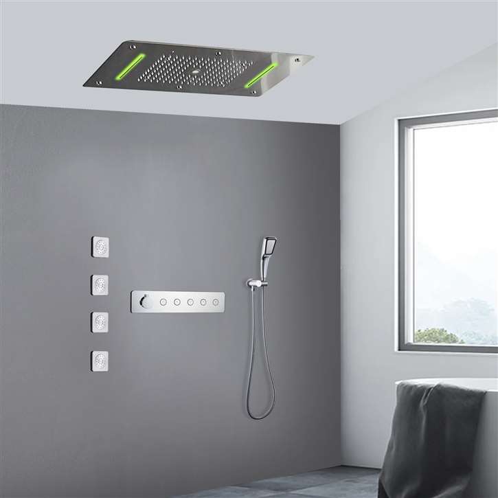 Cesena Chrome Thermostatic Recessed Ceiling Mount LED Rainfall Luxury Shower System Waterfall Mist Massage with Handheld Shower and Jetted Body Sprays