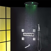 Acerra Chrome Polished LED Thermostatic Recessed Ceiling Mount LED Rainfall Waterfall Shower System with Handheld Shower and Jetted Body Sprays