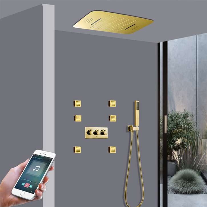 Arezzo Gold Thermostatic LED Musical Phone Controlled Recessed Ceiling Gold Mount Rainfall Waterfall Shower System with Jetted Body Sprays and Handheld Shower