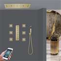 Sarno Phone Controlled Thermostatic LED Recessed Ceiling Mount Brushed Gold Rainfall Waterfall Water Column Mist Shower System with Square Hand Shower and Jetted Body Sprays