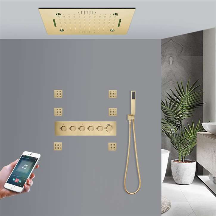 LED Musical Phone Controlled 20" Thermostatic Recessed Ceiling Mount Brushed Gold Rainfall Mist Waterfall Shower System