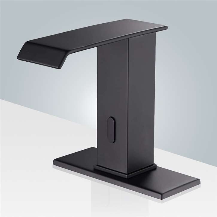 Matte Black Automatic Touchless Sensor Faucet Motion Activated Bathroom Sink Faucets Waterfall Hands Free Water Tap with Deck Plate Temperature Mixer Valve Dual Powered Commercial